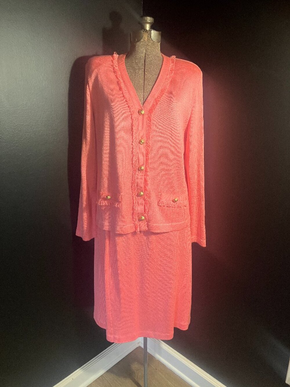 Vintage Mita Pink Knit Cardigan Sweater Skirt Suit with Fringe Accents Size 14